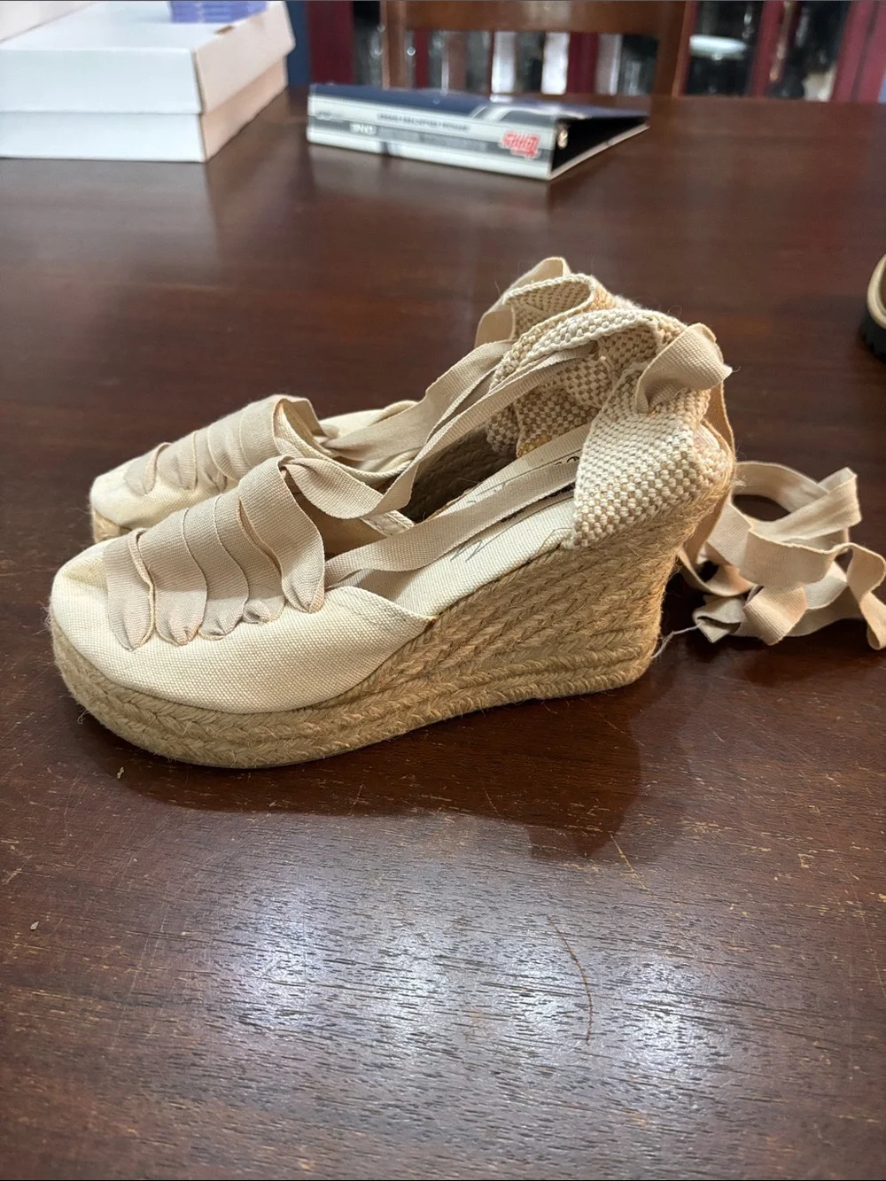 Jeffrey Campbell Beige Canvas Espadrille Wedges with Ankle Tie